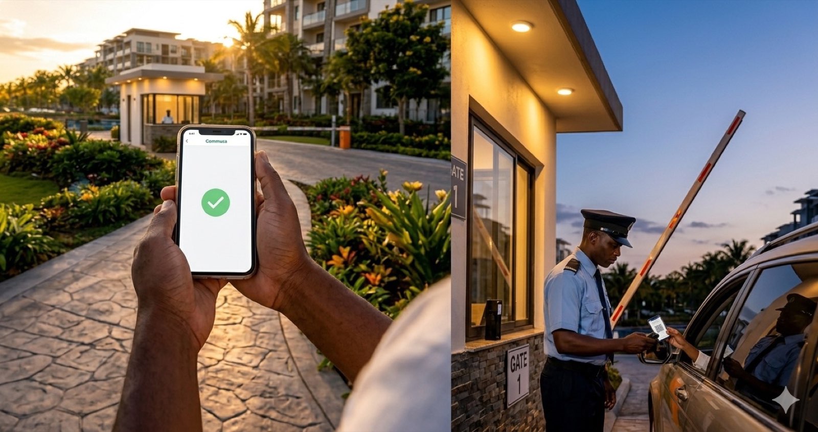 Commuza mobile app confirming gate access while a security officer checks a visitor