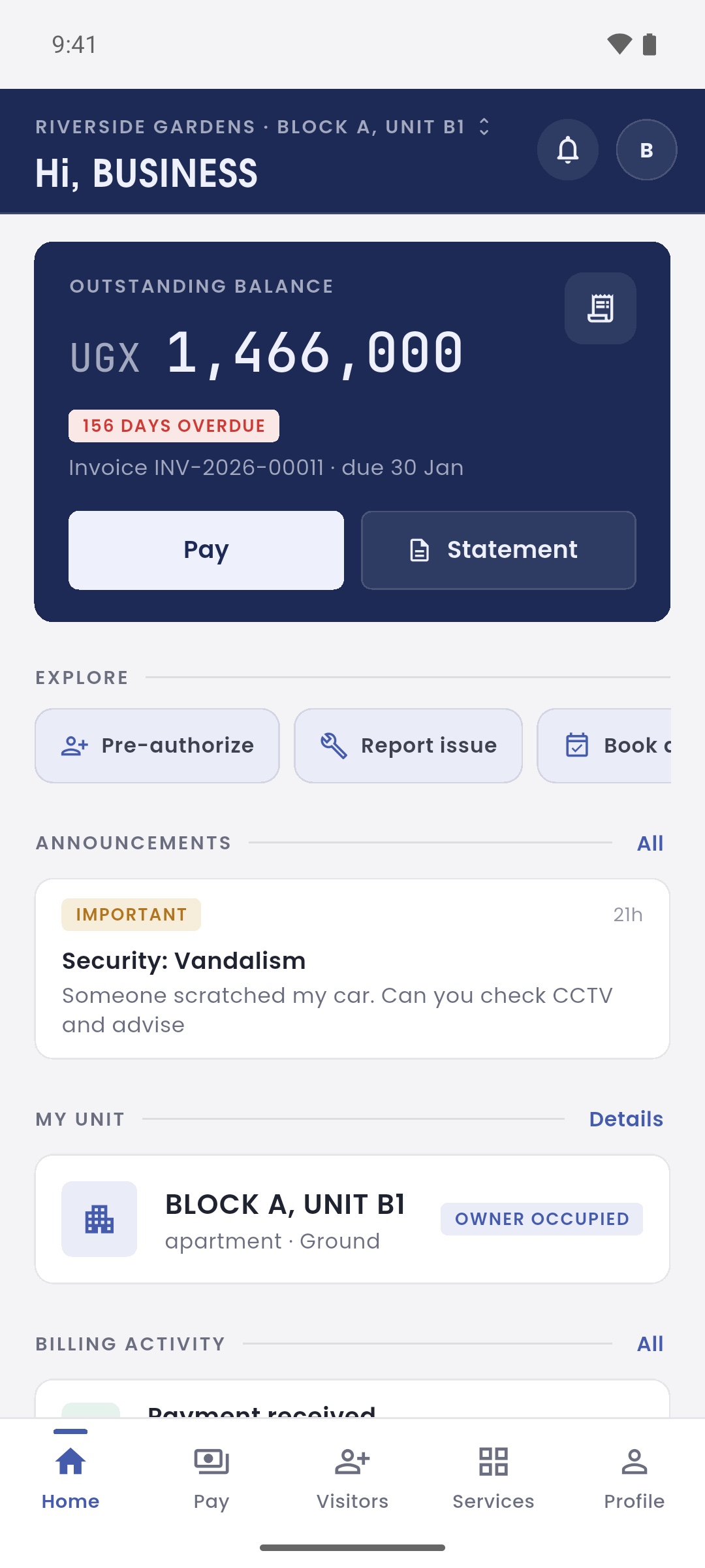 Commuza resident mobile app — manage your home, visitors, bills and community in one place